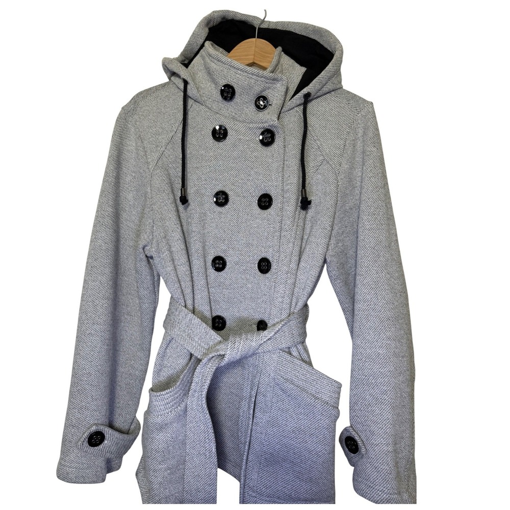 Sebby Double Breasted Hooded Trench Coat Belted Gray Herringbone XL Urban Chic